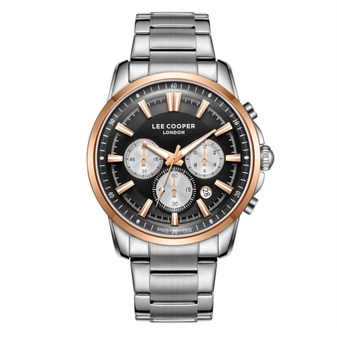 Lee Cooper LC08068.550 men's multifunction watch featuring a round silver case and black dial.
