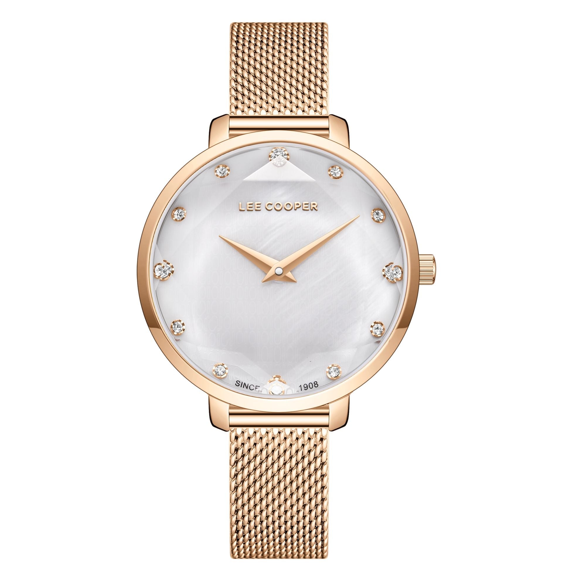 Lee Cooper LC08078.420 women's analog watch with a rose gold mesh strap and mother of pearl dial.
 Main image