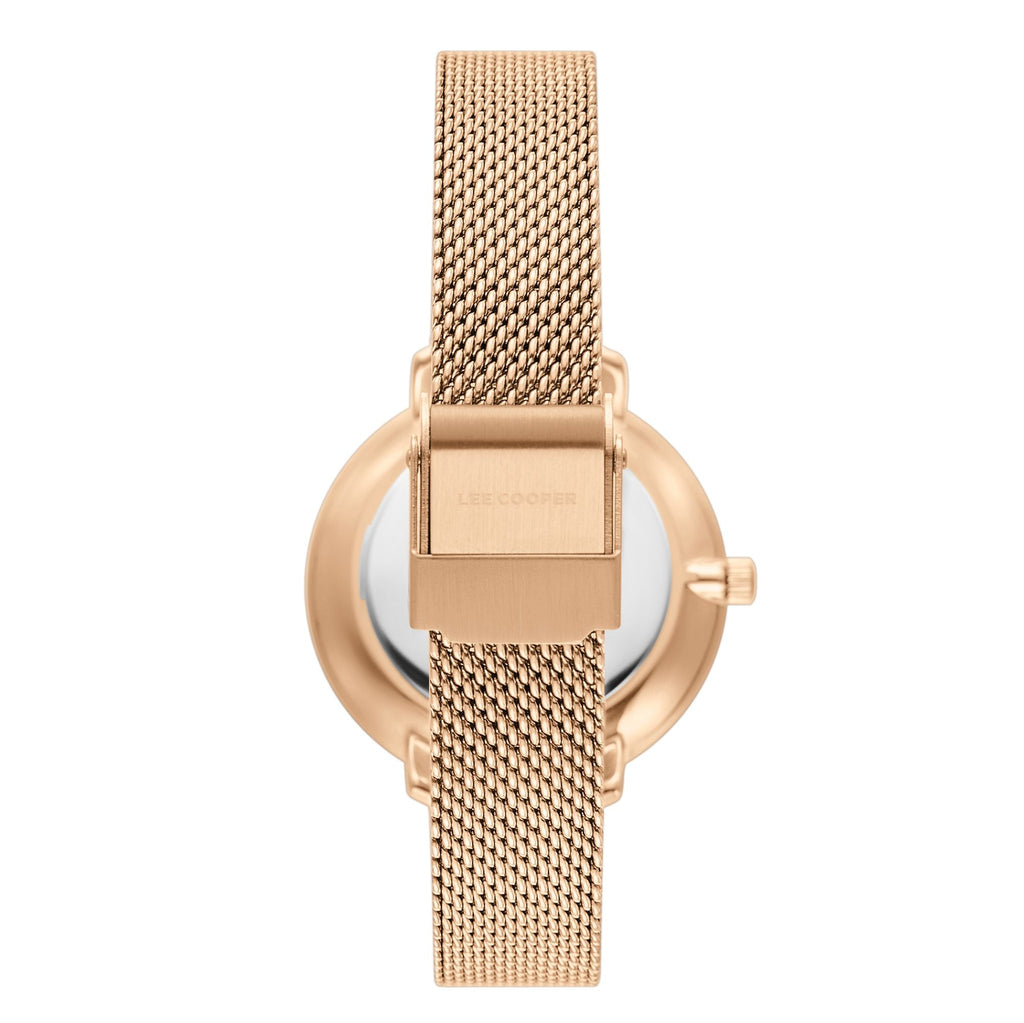 Lee Cooper LC08078.420 women's analog watch with a rose gold mesh strap and mother of pearl dial.

