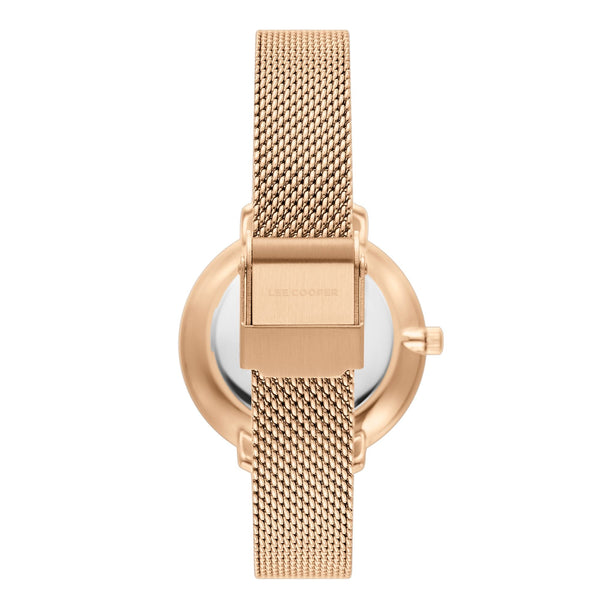Lee Cooper LC08078.420 women's analog watch with a rose gold mesh strap and mother of pearl dial.

