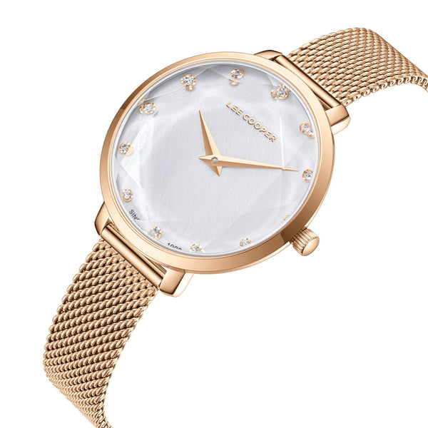 Lee Cooper LC08078.420 women's analog watch with a rose gold mesh strap and mother of pearl dial.
