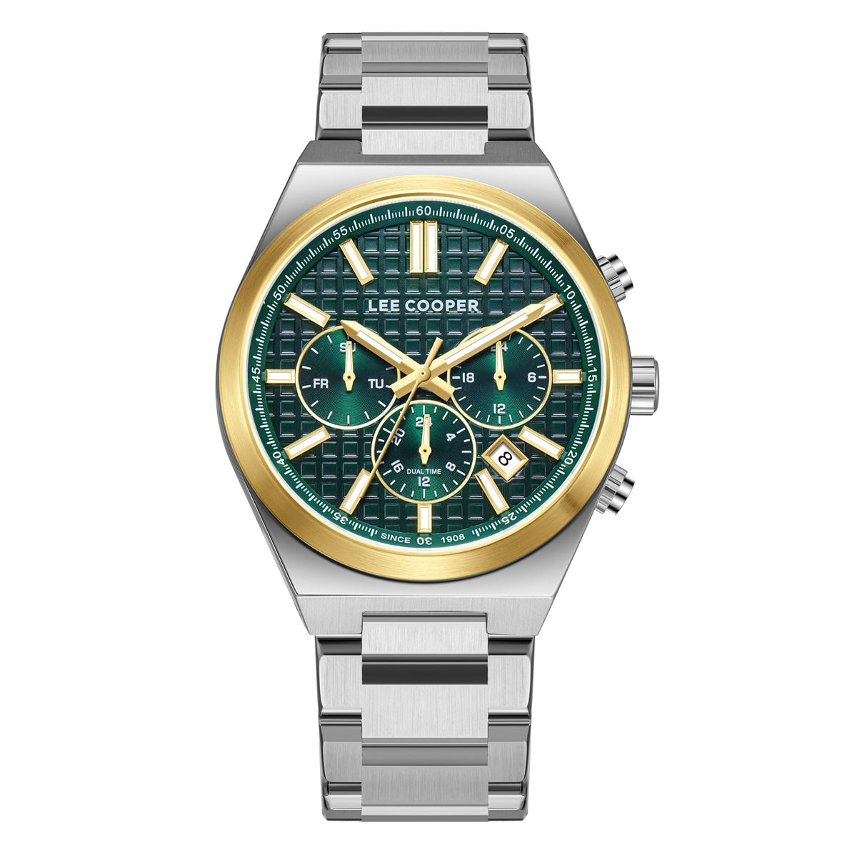 Lee Cooper LC08084.270 men's multifunction watch featuring a silver case and dark green dial.

