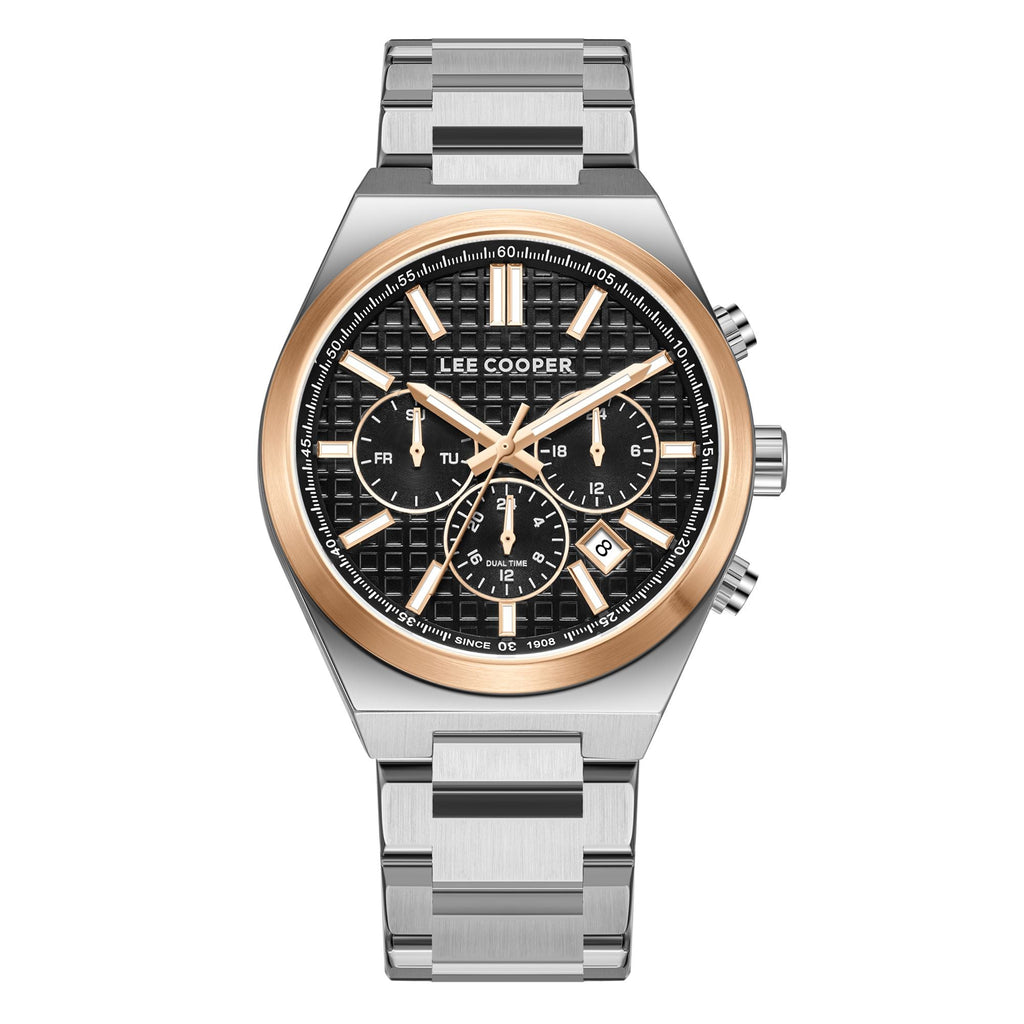 Lee Cooper LC08084.550 men's multifunction watch featuring a silver case and black dial.

