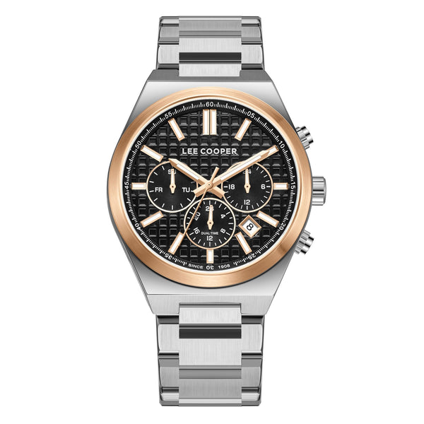 Lee Cooper LC08084.550 men's multifunction watch featuring a silver case and black dial.
