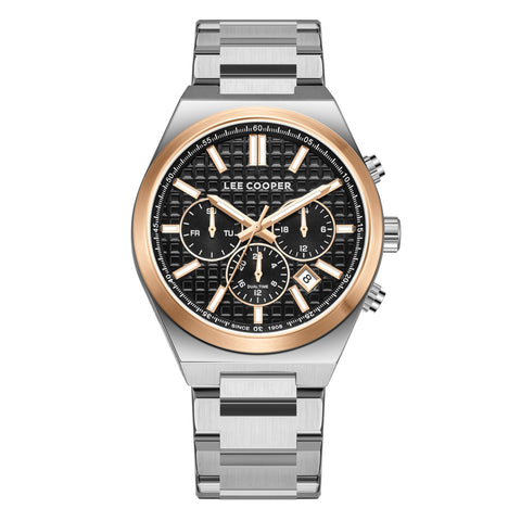 Lee Cooper LC08084.550 men's multifunction watch featuring a silver case and black dial.
