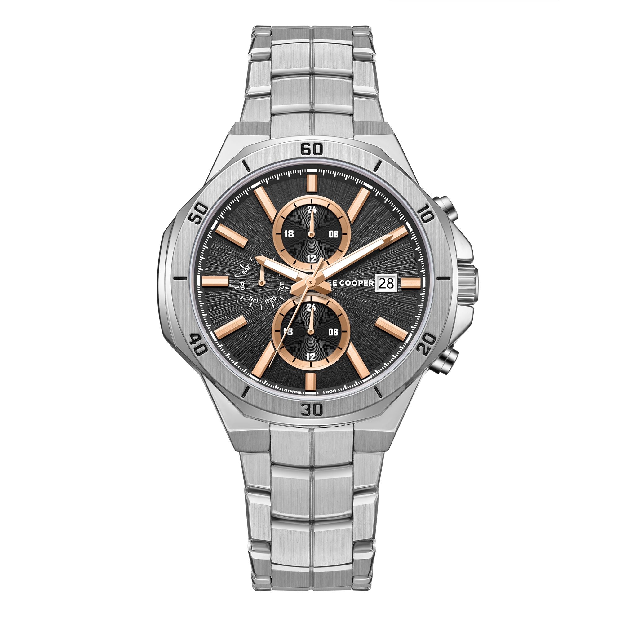 Lee Cooper LC08087.340 men's multifunction watch featuring a round silver case and dark brown dial.
 Main image
