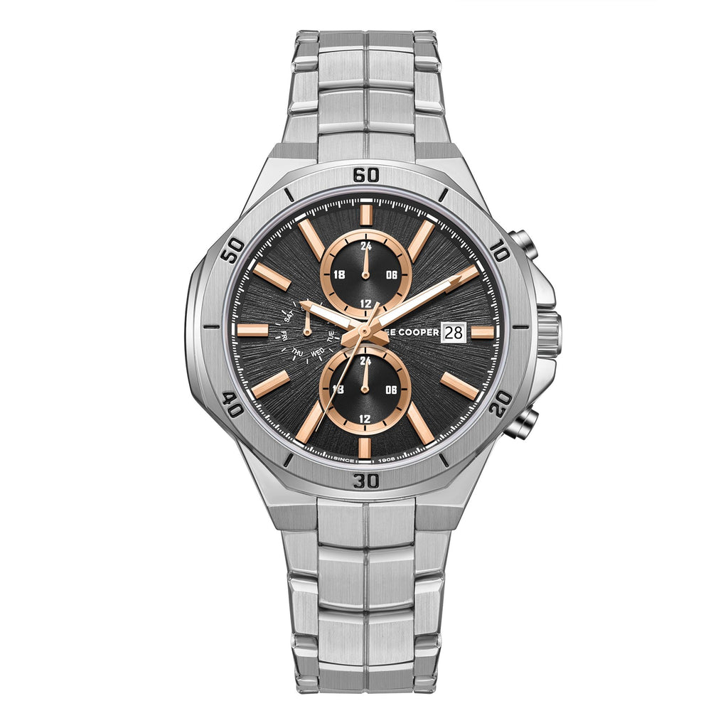 Lee Cooper LC08087.340 men's multifunction watch featuring a round silver case and dark brown dial.
