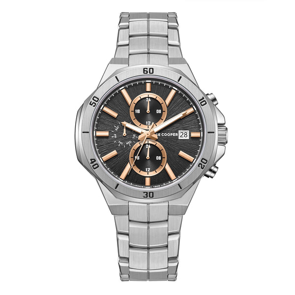 Lee Cooper LC08087.340 men's multifunction watch featuring a round silver case and dark brown dial.
