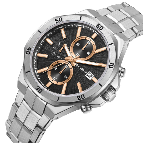 Lee Cooper LC08087.340 men's multifunction watch featuring a round silver case and dark brown dial.
