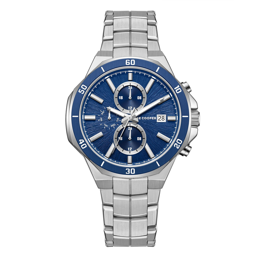 Lee Cooper LC08087.390 men's multifunction watch featuring a round silver case and dark blue dial.
