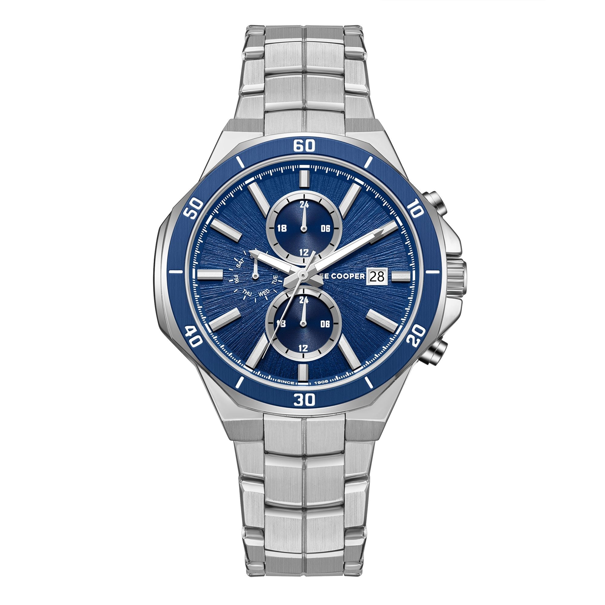 Lee Cooper LC08087.390 men's multifunction watch featuring a round silver case and dark blue dial.
