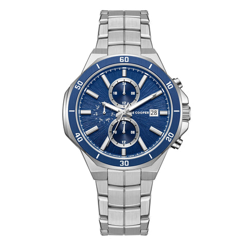 Lee Cooper LC08087.390 men's multifunction watch featuring a round silver case and dark blue dial.
