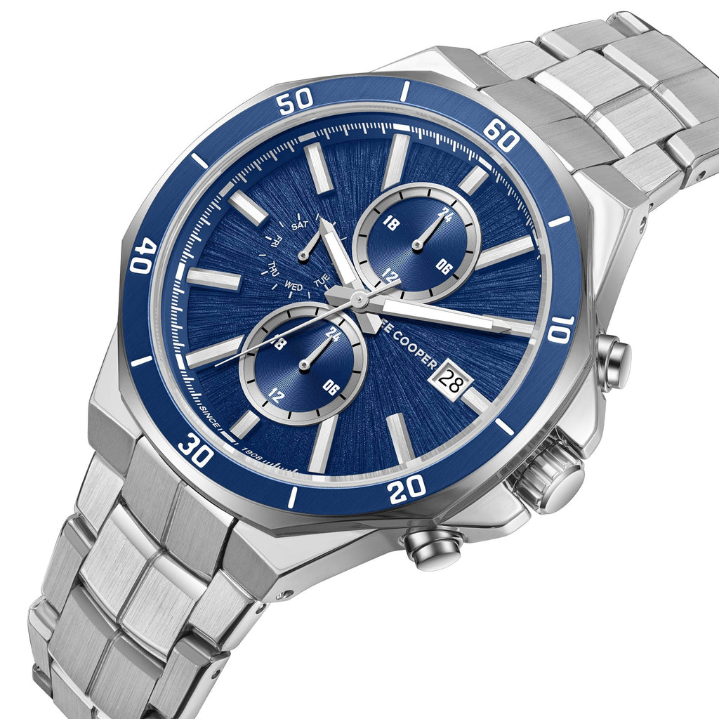 Lee Cooper LC08087.390 men's multifunction watch featuring a round silver case and dark blue dial.
