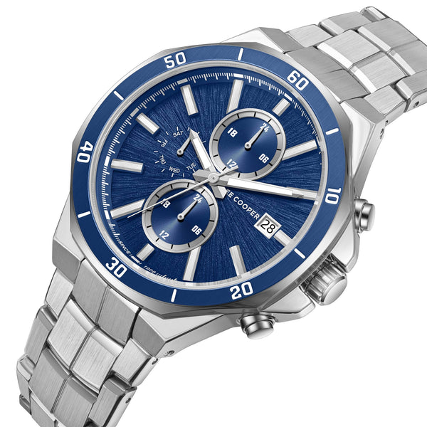 Lee Cooper LC08087.390 men's multifunction watch featuring a round silver case and dark blue dial.
