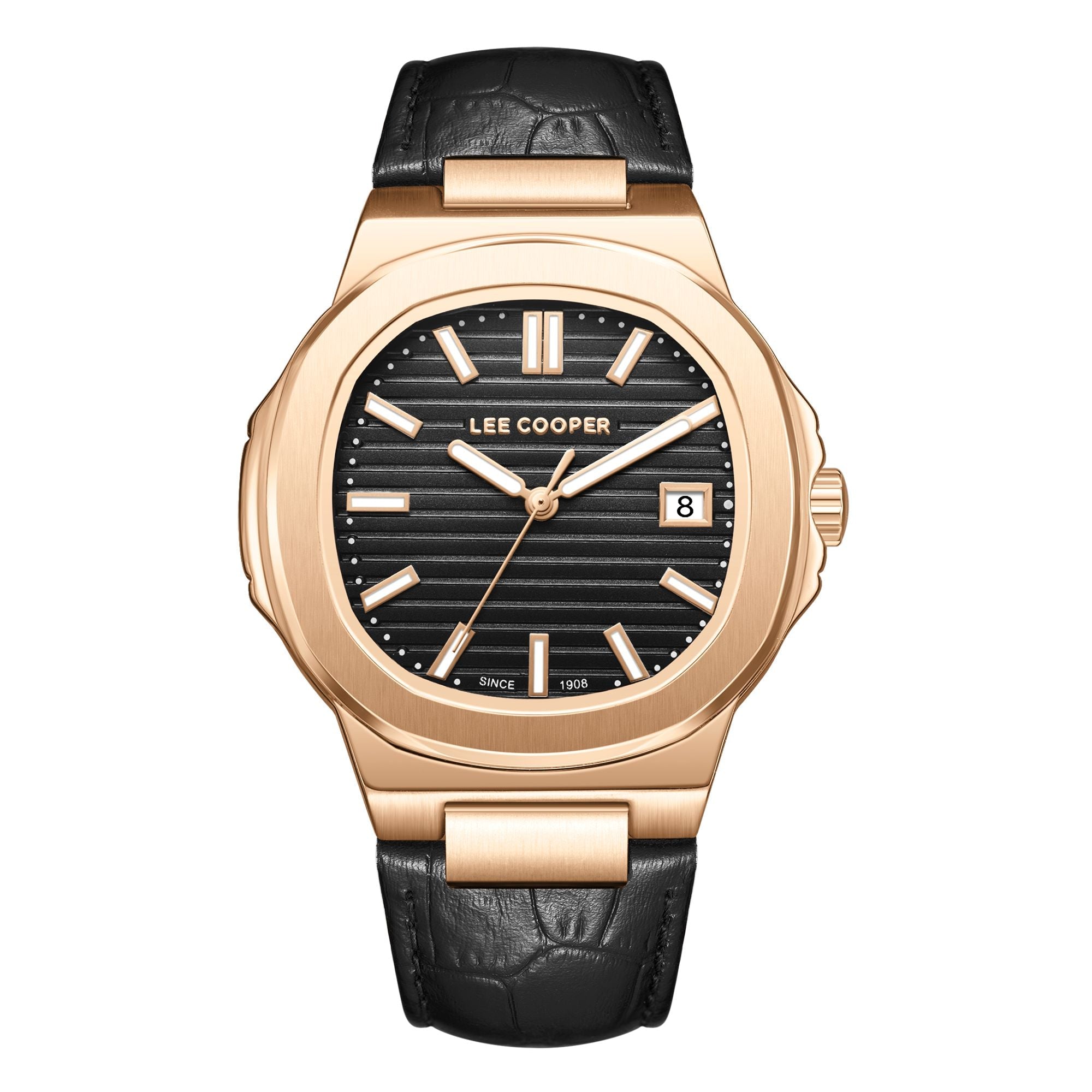 Lee Cooper LC08108.451 men's analog watch featuring a rose gold case and black dial.
 Main image