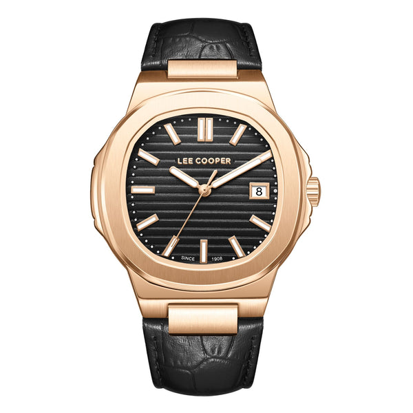 Lee Cooper LC08108.451 men's analog watch featuring a rose gold case and black dial.

