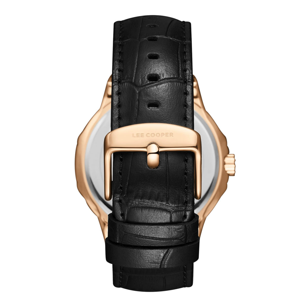 Lee Cooper LC08108.451 men's analog watch featuring a rose gold case and black dial.
