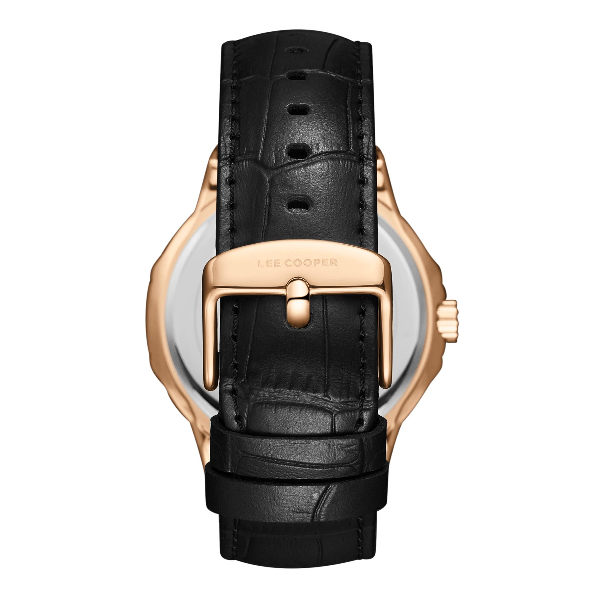 Lee Cooper LC08108.451 men's analog watch featuring a rose gold case and black dial.
