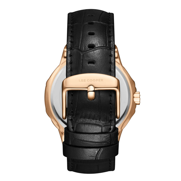 Lee Cooper LC08108.451 men's analog watch featuring a rose gold case and black dial.
