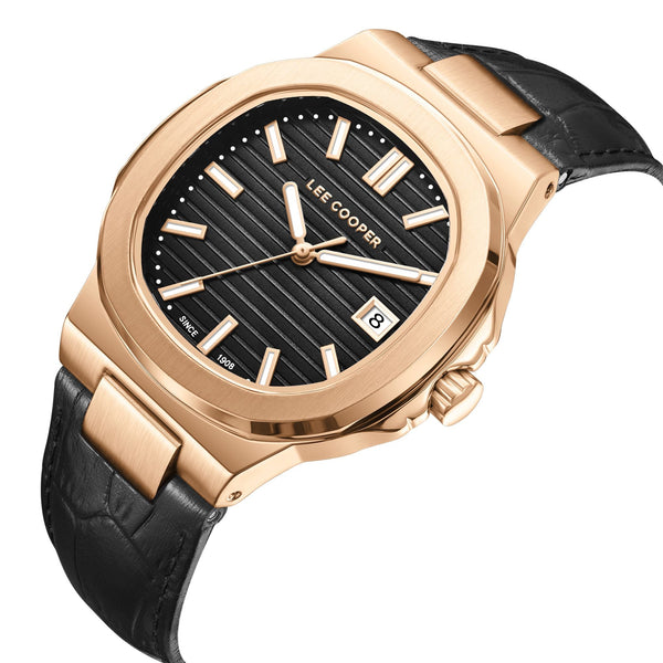 Lee Cooper LC08108.451 men's analog watch featuring a rose gold case and black dial.
