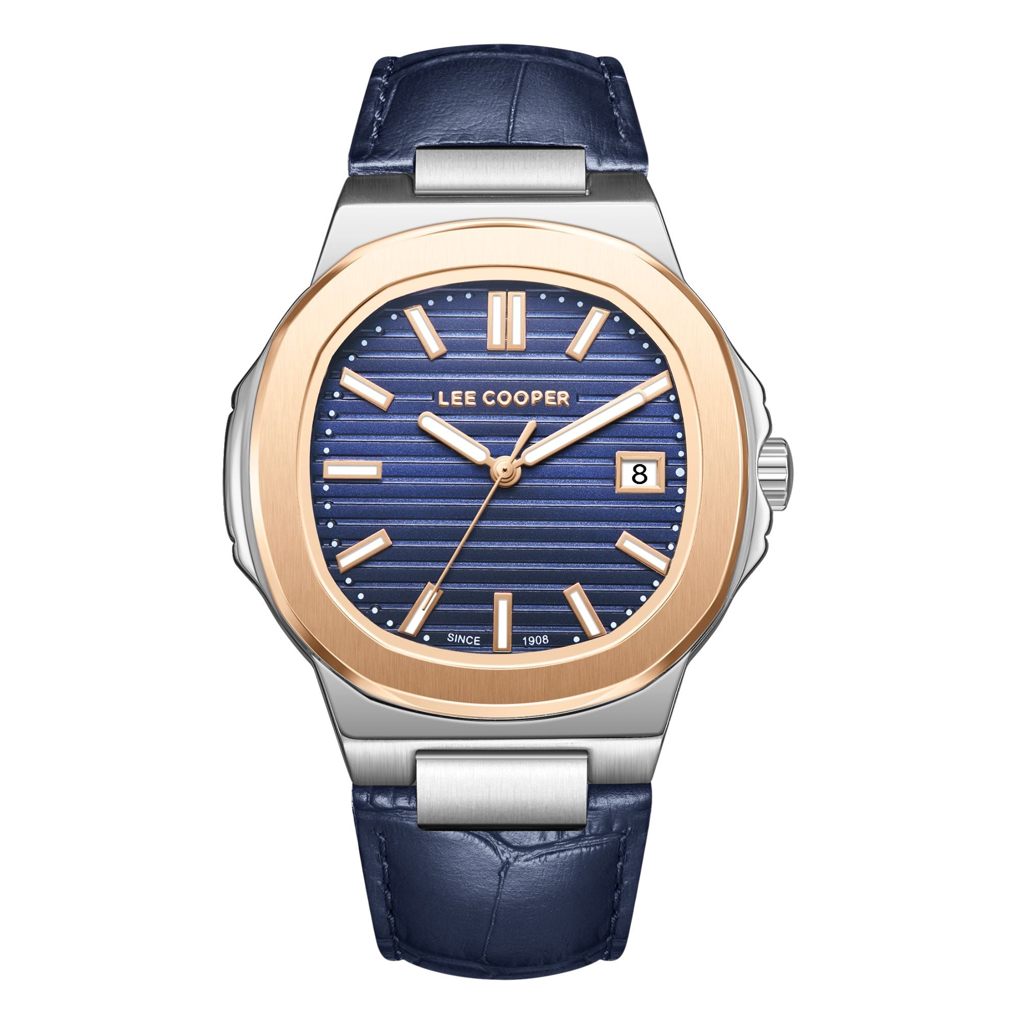Lee Cooper LC08108.599 men's analog watch featuring a silver and rose gold case with a dark blue dial.
 Main image