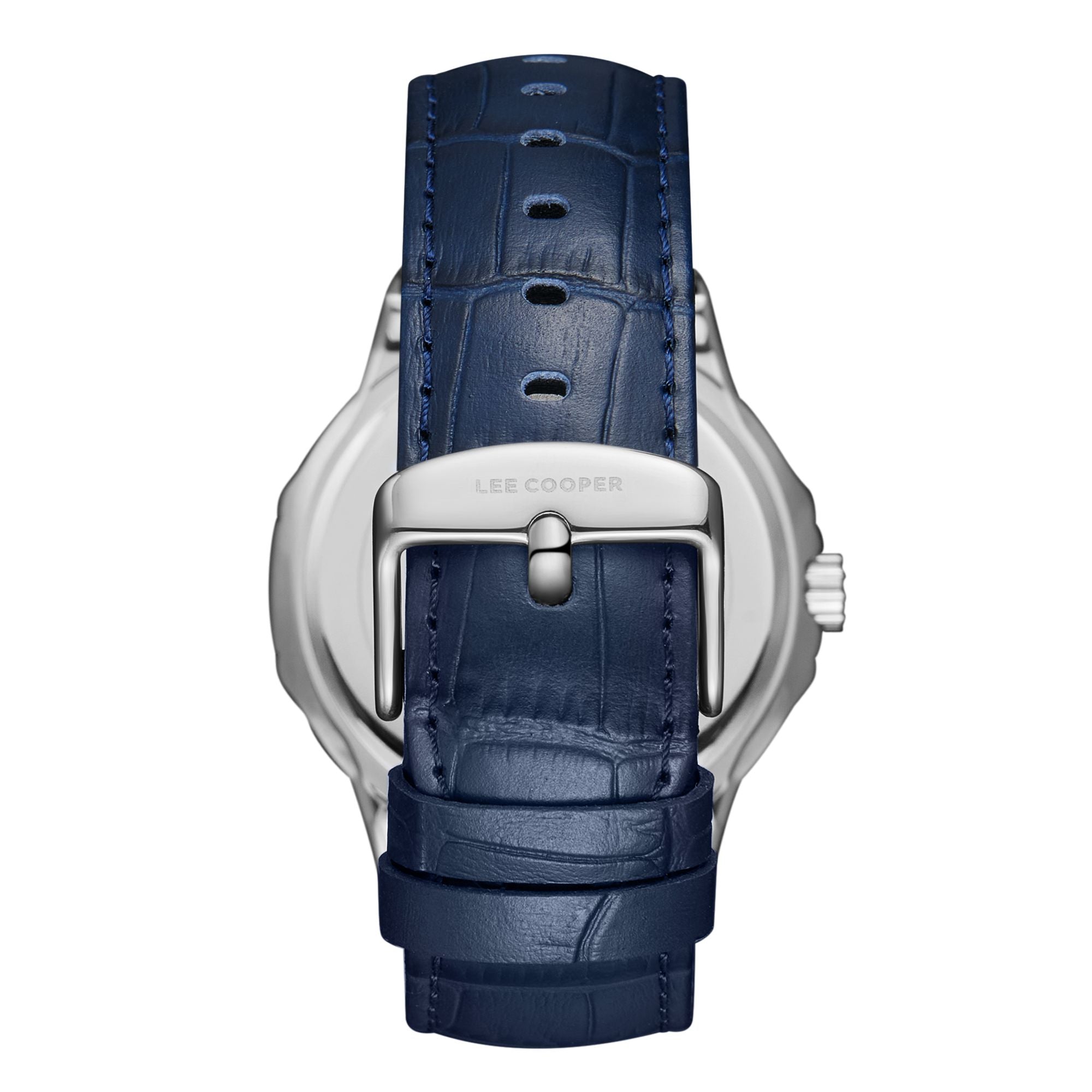Lee Cooper LC08108.599 men's analog watch featuring a silver and rose gold case with a dark blue dial.
