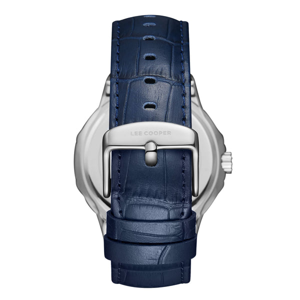 Lee Cooper LC08108.599 men's analog watch featuring a silver and rose gold case with a dark blue dial.
