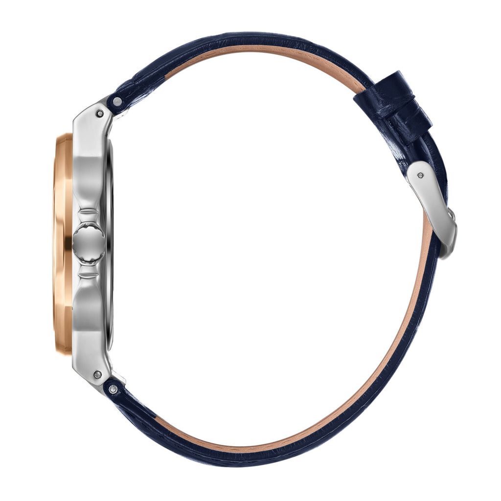 Lee Cooper LC08108.599 men's analog watch featuring a silver and rose gold case with a dark blue dial.
