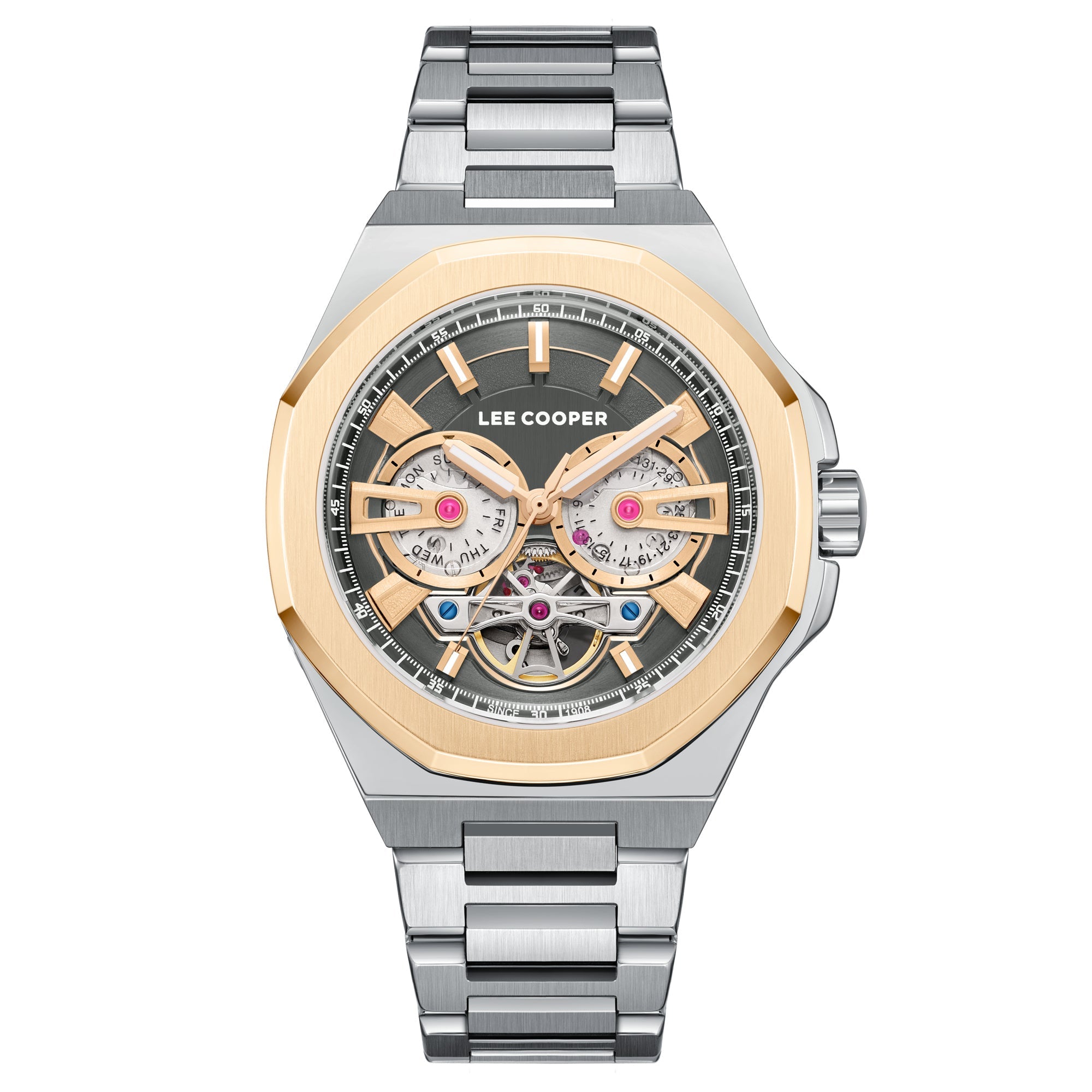 Lee Cooper LC08124.560 men's analog watch featuring a silver case and gunmetal grey dial.
 Main image