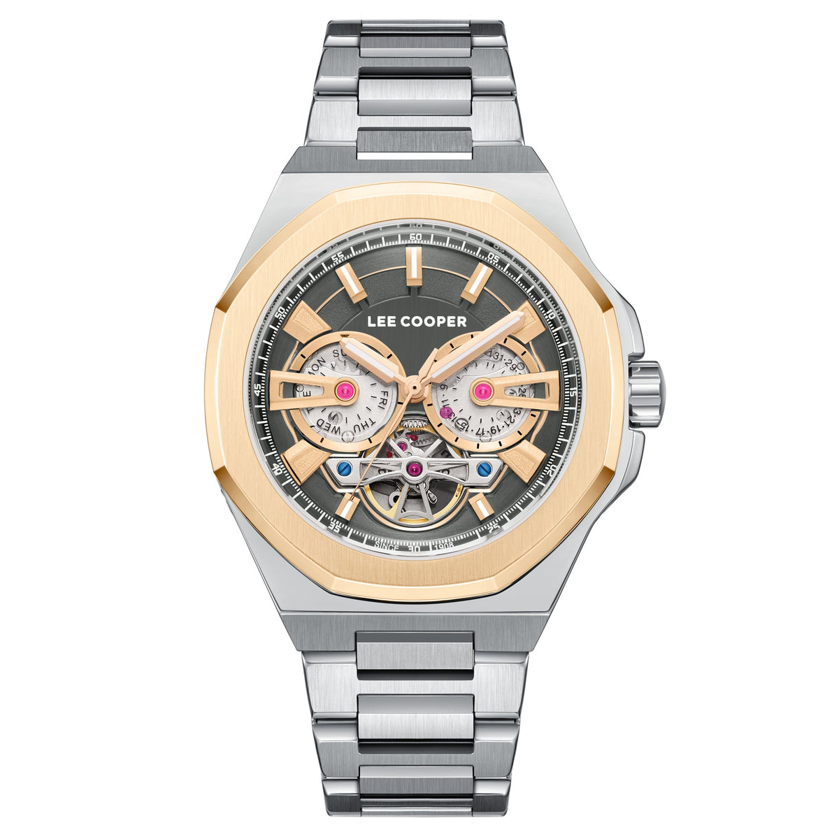 Lee Cooper LC08124.560 men's analog watch featuring a silver case and gunmetal grey dial.
