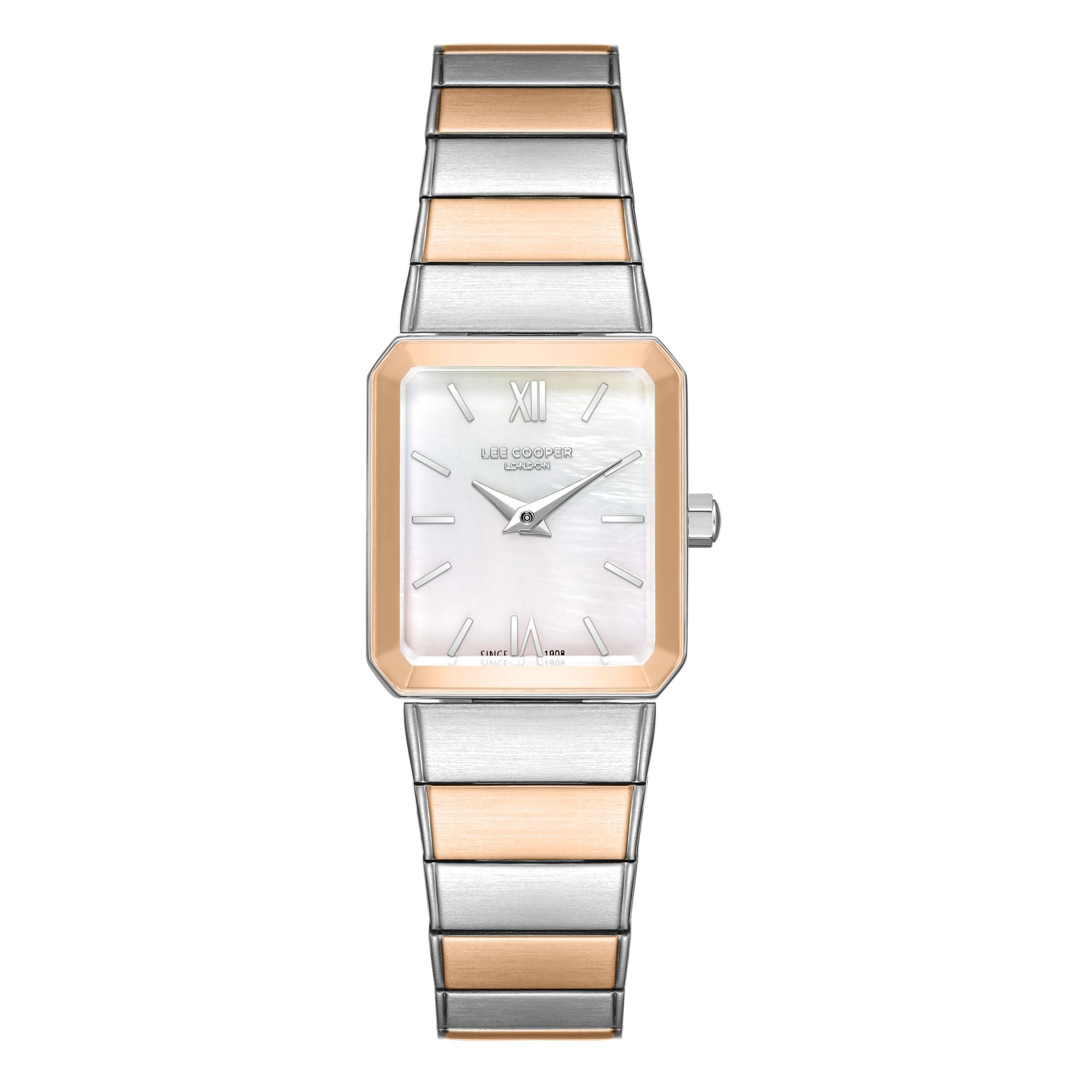 Lee Cooper LC08131.520 women's analog watch featuring a white rectangle dial and metal strap.
