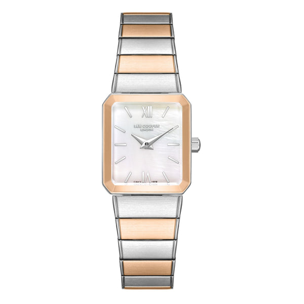 Lee Cooper LC08131.520 women's analog watch featuring a white rectangle dial and metal strap.
