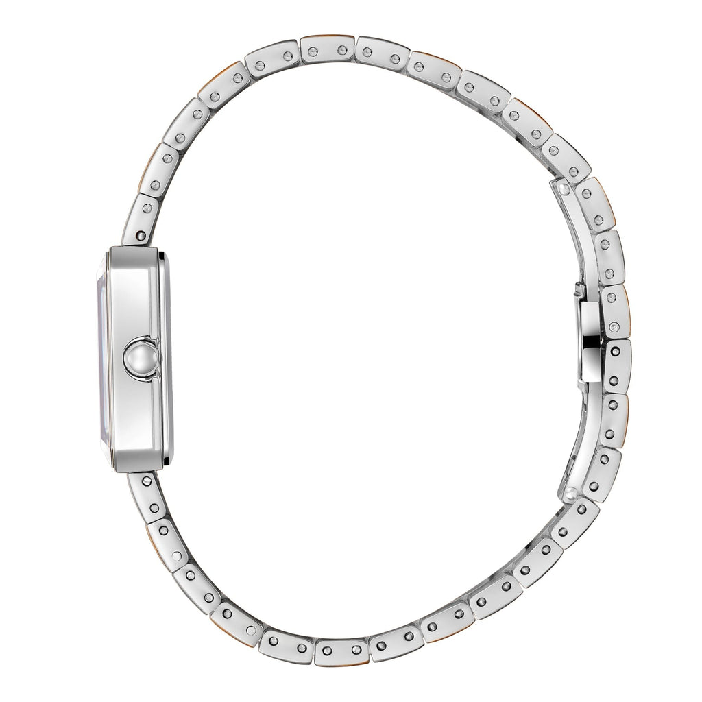 Lee Cooper LC08131.520 women's analog watch featuring a white rectangle dial and metal strap.
