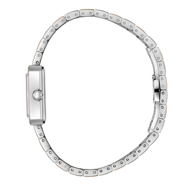 Lee Cooper LC08131.520 women's analog watch featuring a white rectangle dial and metal strap.
