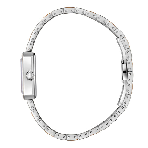 Lee Cooper LC08131.520 women's analog watch featuring a white rectangle dial and metal strap.

