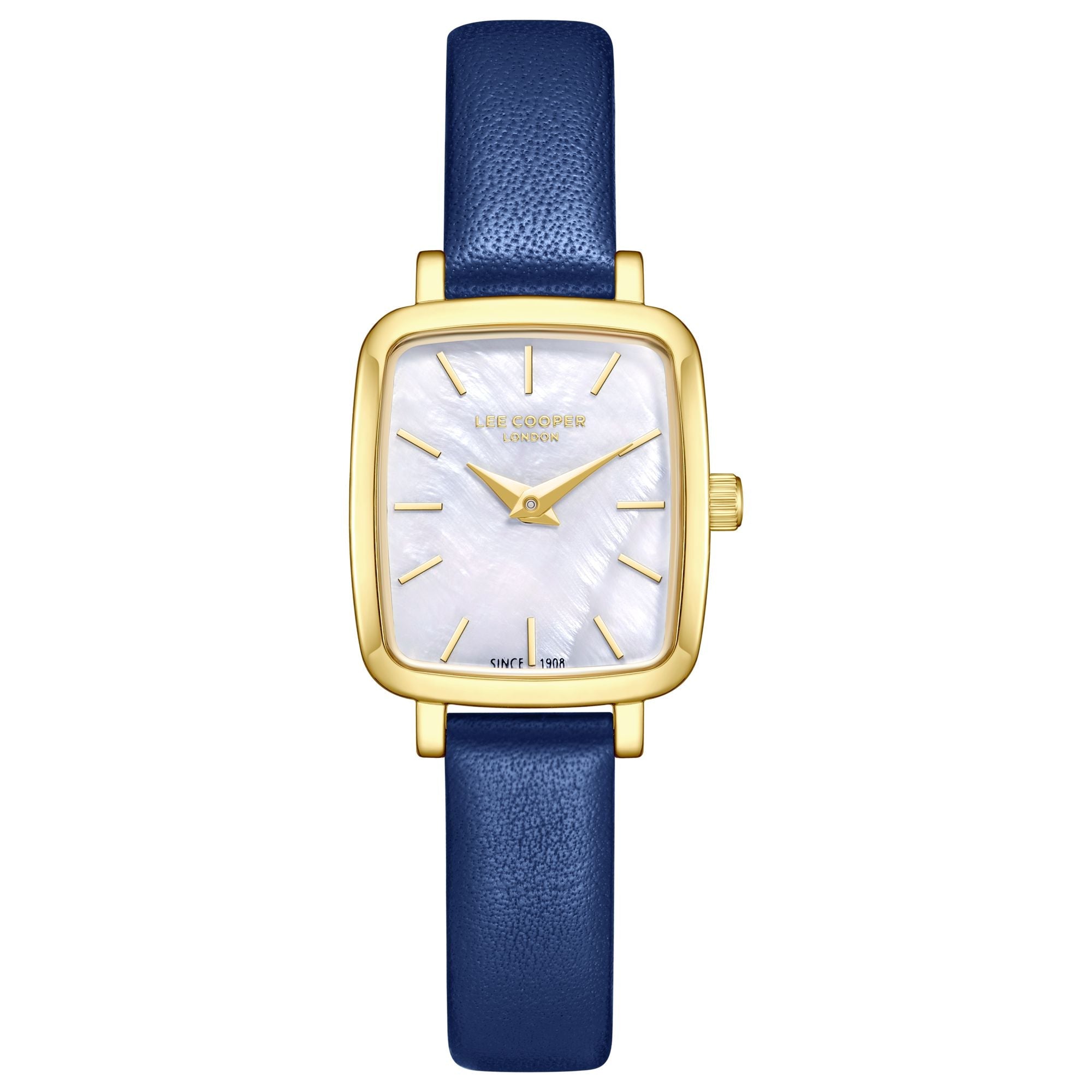 Lee Cooper LC08151.129 women's analog watch featuring a square gold case and dark blue leather strap.
 Main image