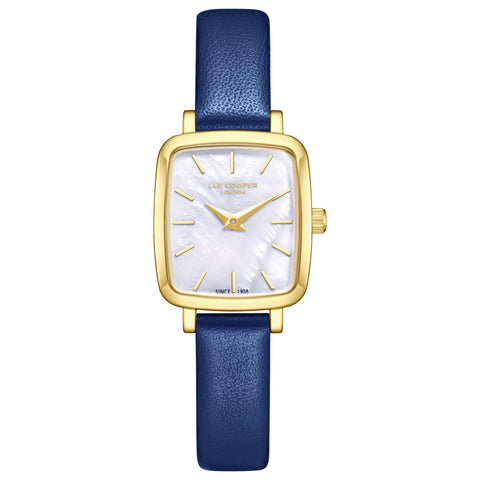Lee Cooper LC08151.129 women's analog watch featuring a square gold case and dark blue leather strap.
