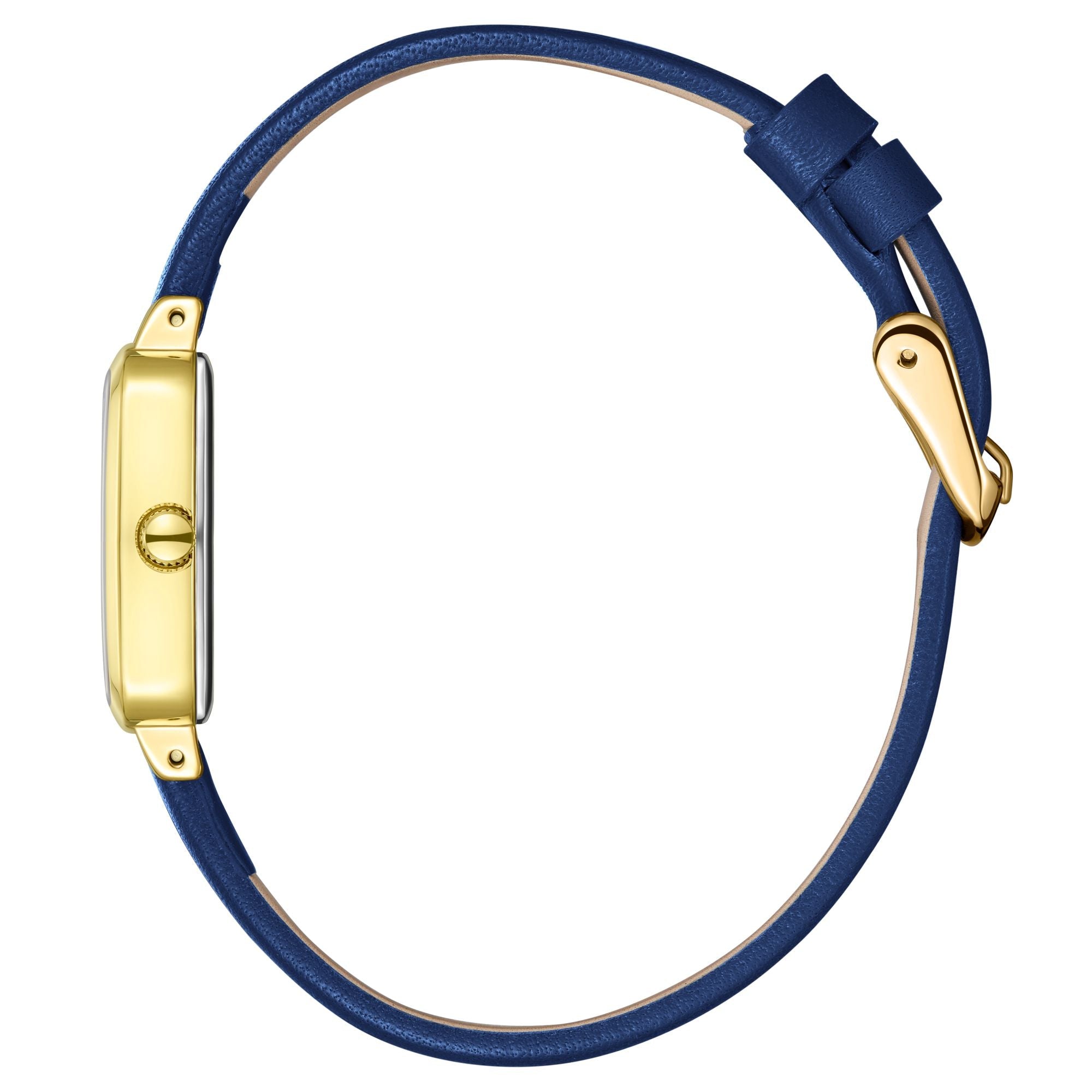 Lee Cooper LC08151.129 women's analog watch featuring a square gold case and dark blue leather strap.
