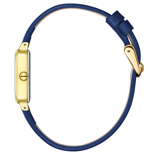 Lee Cooper LC08151.129 women's analog watch featuring a square gold case and dark blue leather strap.
