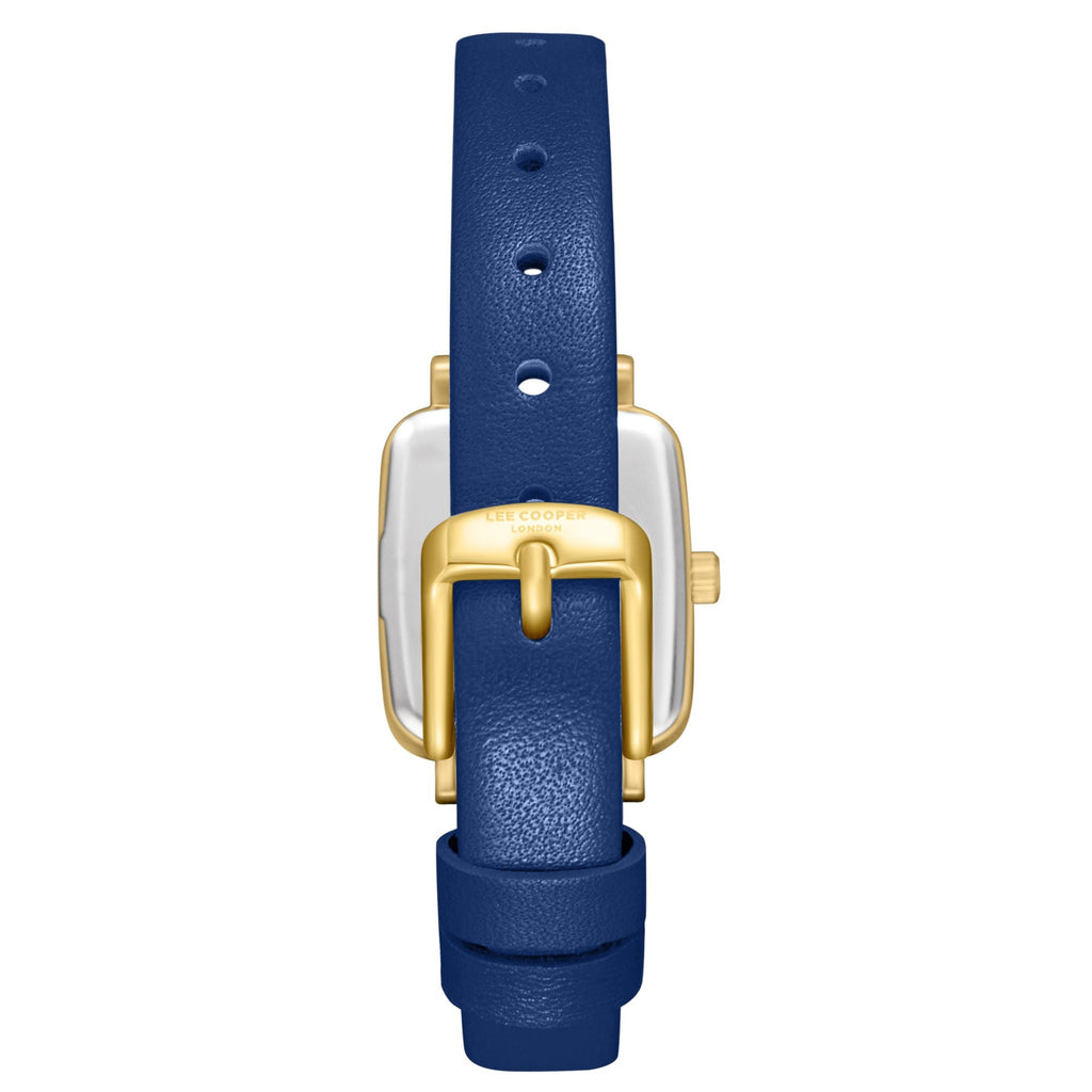 Lee Cooper LC08151.129 women's analog watch featuring a square gold case and dark blue leather strap.
