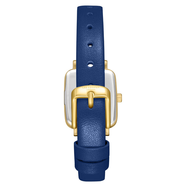 Lee Cooper LC08151.129 women's analog watch featuring a square gold case and dark blue leather strap.
