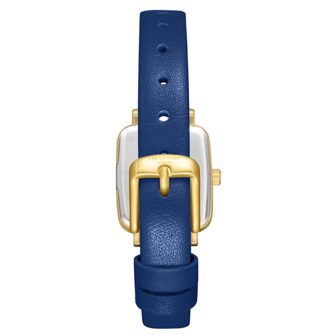 Lee Cooper LC08151.129 women's analog watch featuring a square gold case and dark blue leather strap.
