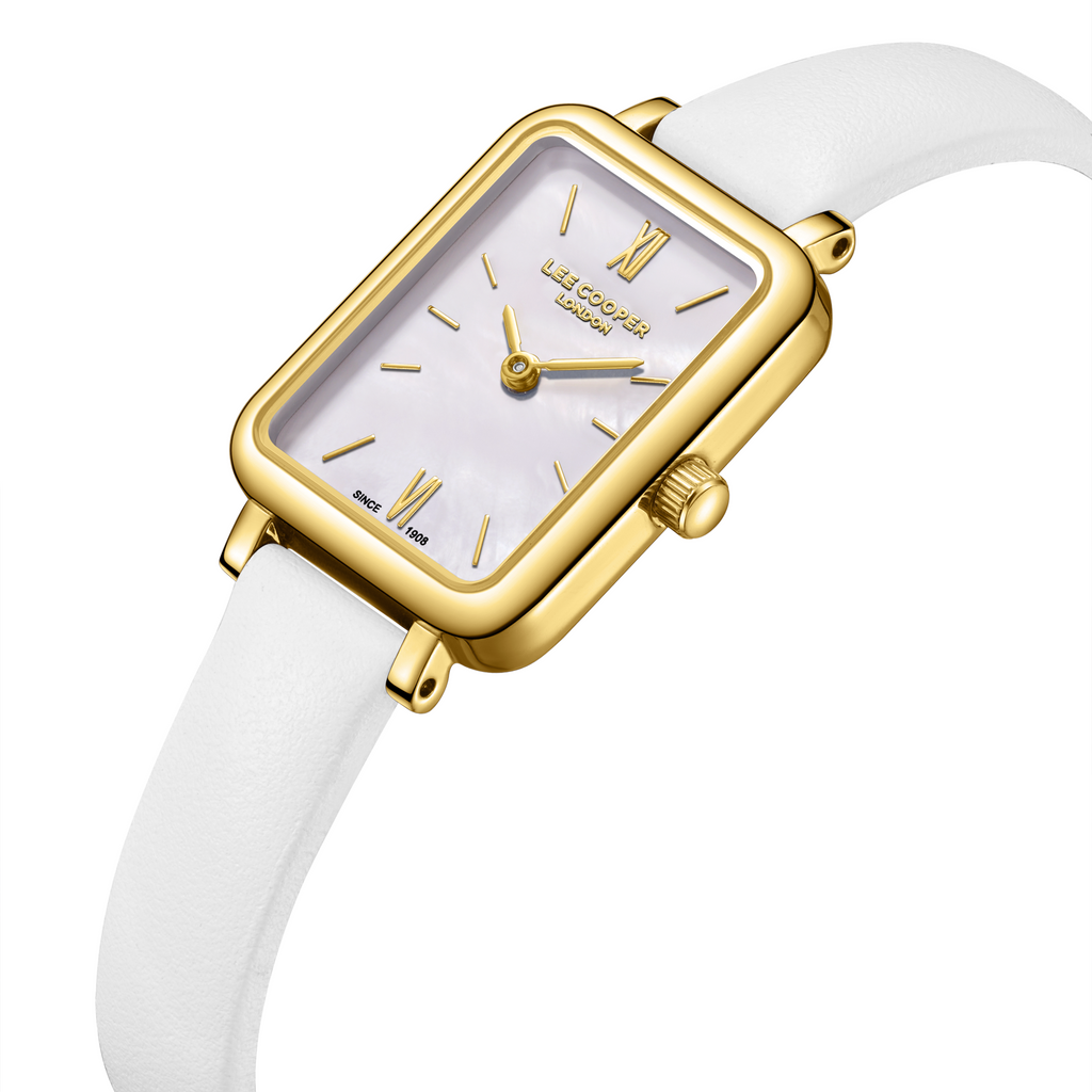 Lee Cooper LC08208.123 women's analog watch featuring a rectangular steel case and white leather strap.
