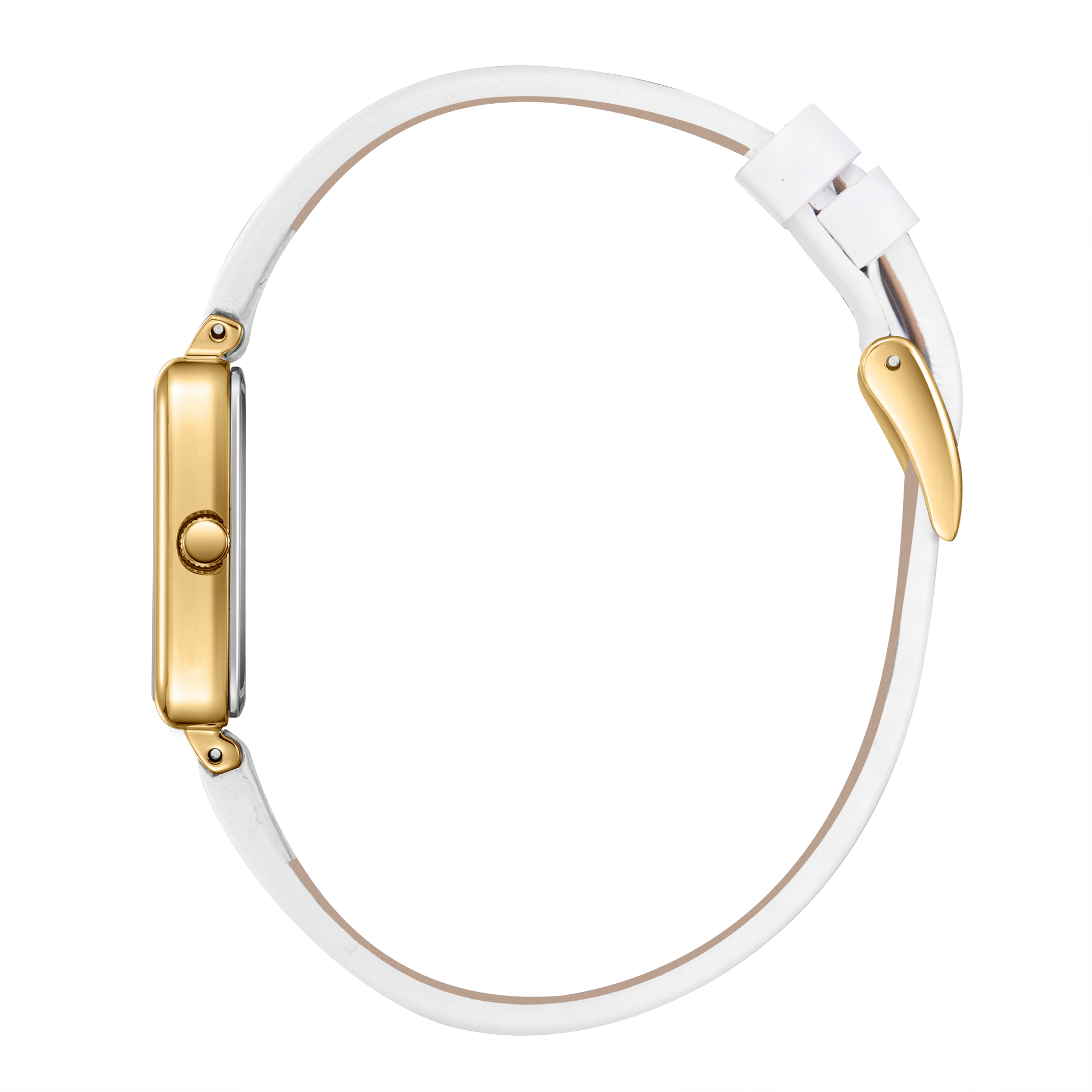 Lee Cooper LC08208.123 women's analog watch featuring a rectangular steel case and white leather strap.
