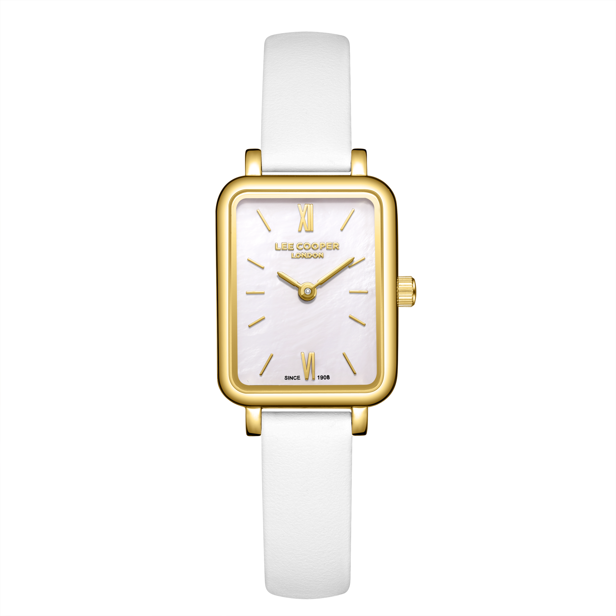 Lee Cooper LC08208.123 women's analog watch featuring a rectangular steel case and white leather strap.
