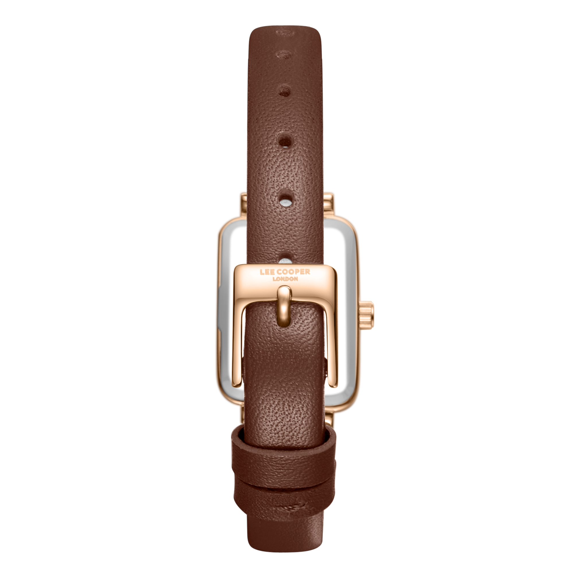 Lee Cooper LC08208.494 women's analog watch featuring a square rose gold case and camel leather strap.
