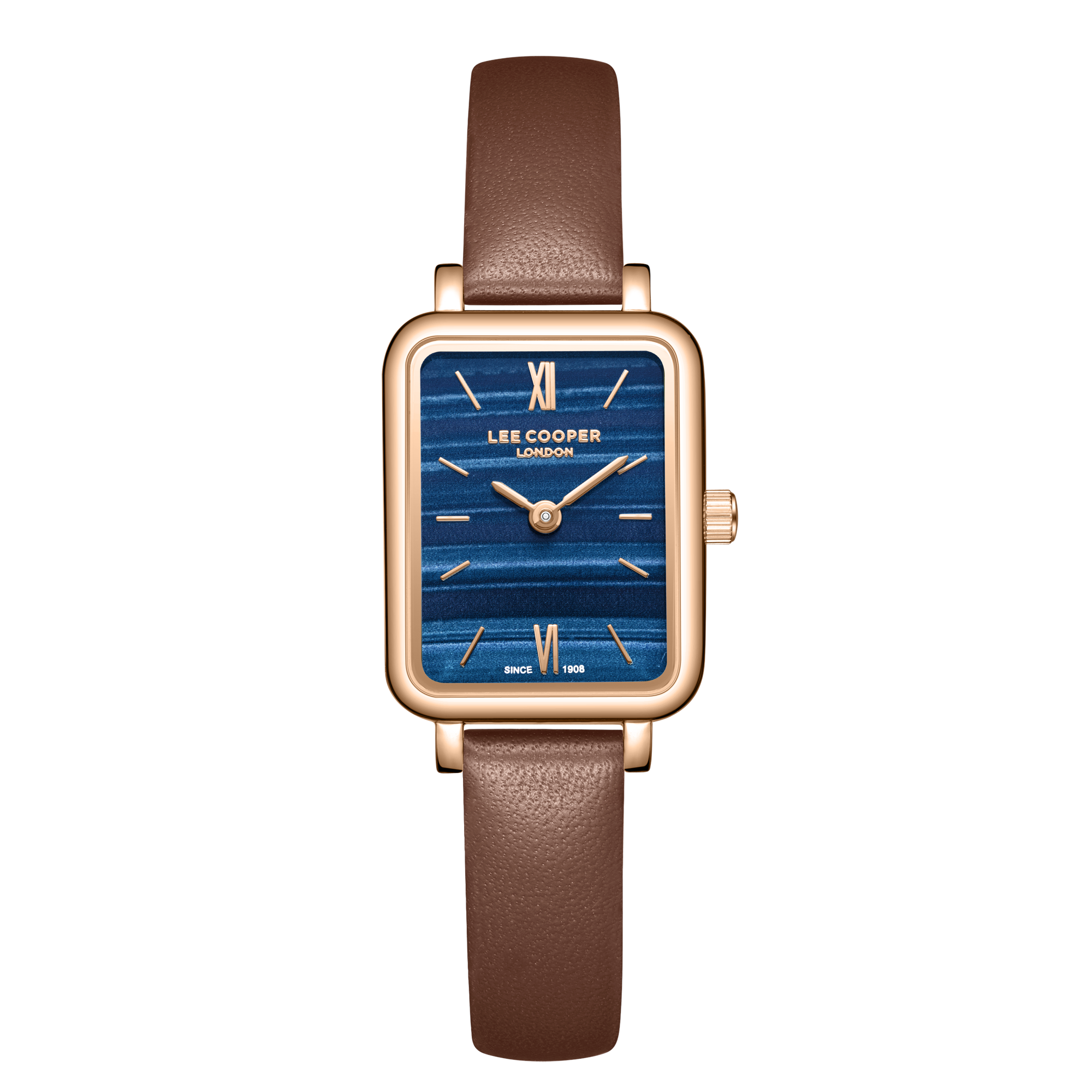 Lee Cooper LC08208.494 women's analog watch featuring a square rose gold case and camel leather strap.
 Main image