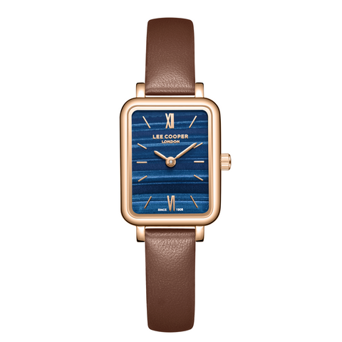 Lee Cooper LC08208.494 women's analog watch featuring a square rose gold case and camel leather strap.
