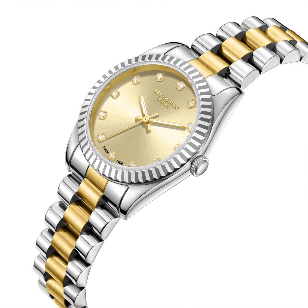 Lee Cooper LC08212.210 women's analog watch featuring a round silver case and gold dial.
