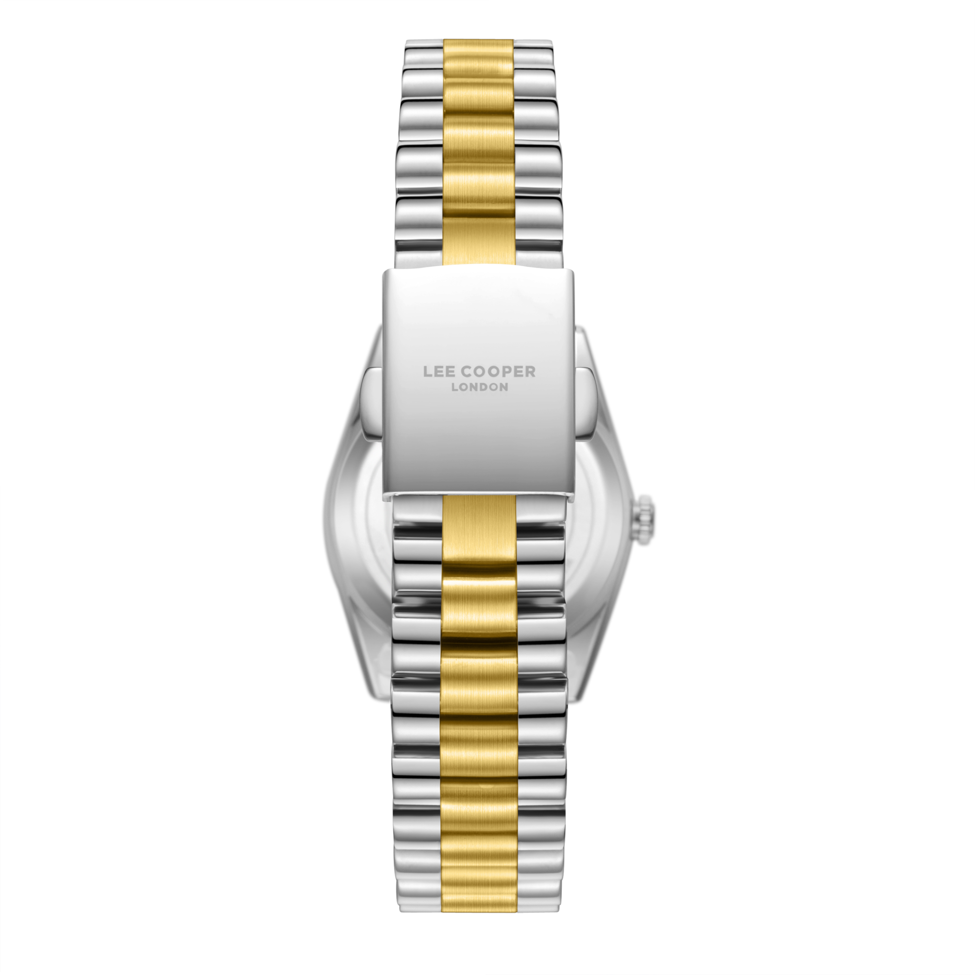 Lee Cooper LC08212.210 women's analog watch featuring a round silver case and gold dial.

